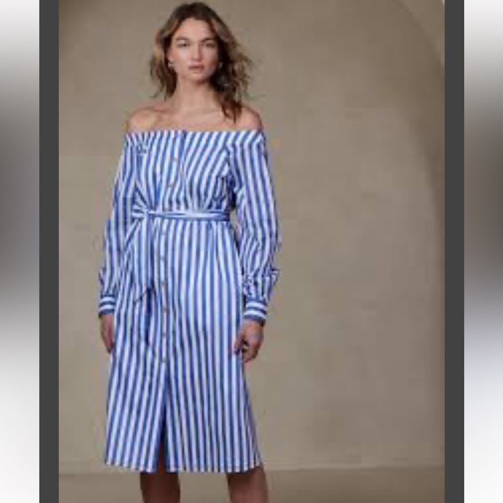 Banana Republic Factory Off-Shoulder Blue Striped Midi Dress